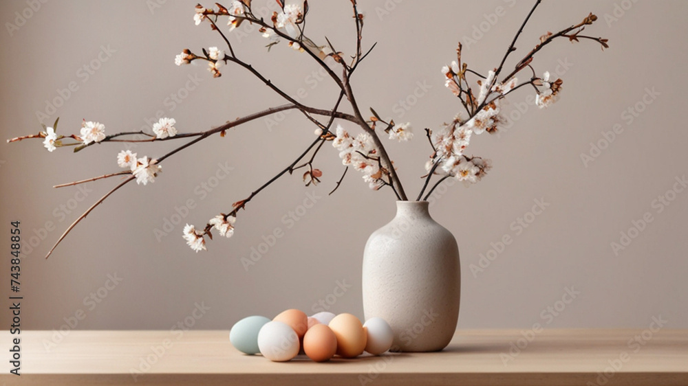 Spring tree branches in bloom and Easter eggs on the table, minimal Easter decoration