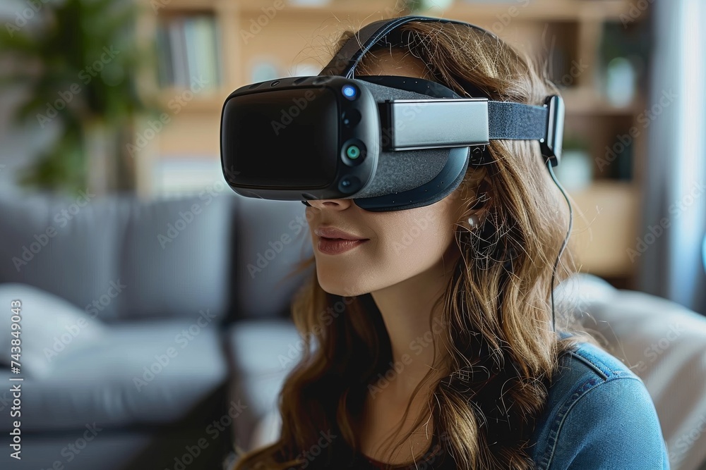 Woman Wearing Virtual Reality Headset in Living Room Woman Wearing Virtual Reality Headset in Living Room