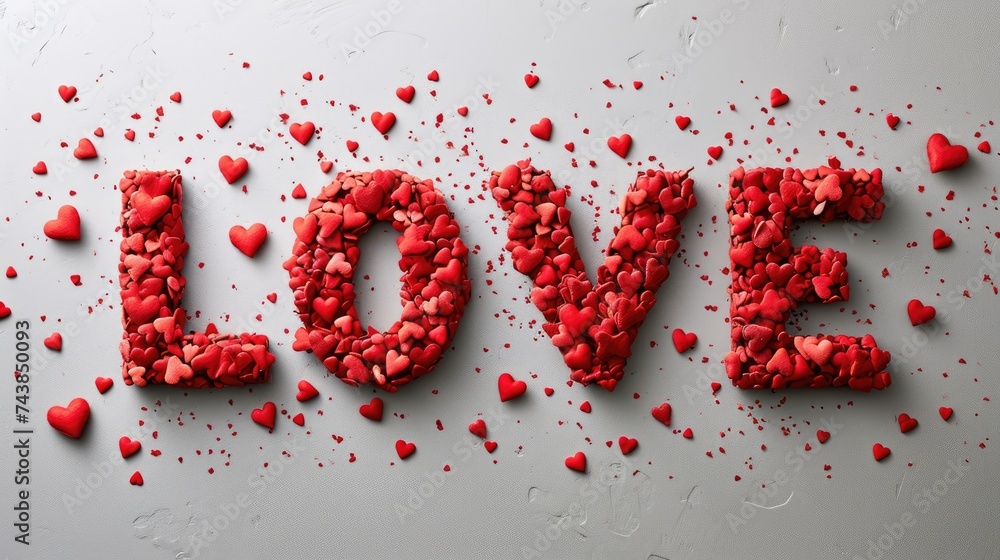 The word love spelled out in vibrant red hearts, symbolizing affection and passion in a creative and artistic way The word love spelled out in vibrant red hearts, symbolizing affection and passion in a creative and artistic way