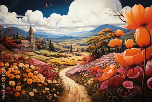 A beautiful painting capturing a rural landscape filled with vibrant flowers in full bloom, creating a picturesque scene of natures beauty photo