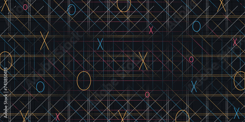 3d Trendy Geometrical Checkered pattern with Tic Tac Toe on black background. Luxury concept of technology, digital, communication, science, music 70s 60s style. Vector illustration.