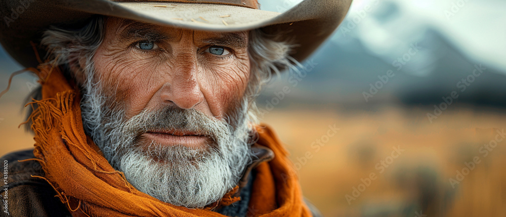 Grauhaariger Mann mit Cowboyhut - obrazy, fototapety, plakaty 