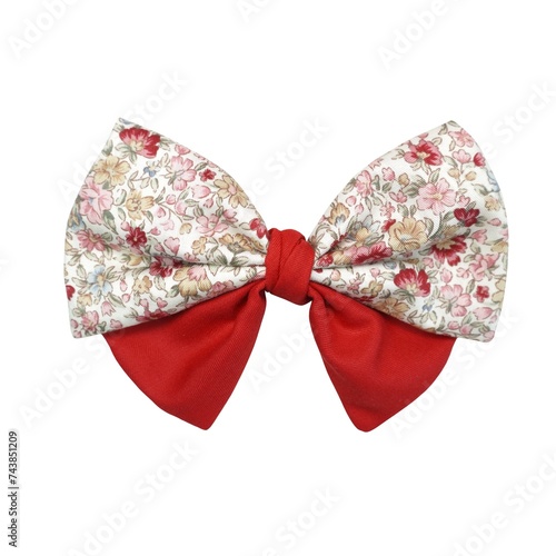 Vibrant hair bow with floral and red patterns on white background. Chic and versatile accessory for fashion projects.