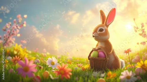 Easter Rabbit with a basket of easter egg on spring meadow, 3D style