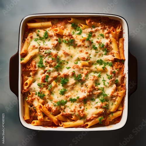 pizza with mushrooms and cheese. Italian ziti in casserole baking dish photo