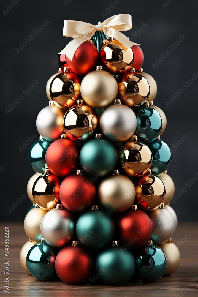 A Christmas tree crafted entirely of shimmering ornaments stands proudly on a table, shining with festive colors and holiday cheer A Christmas tree crafted entirely of shimmering ornaments stands proudly on a table, shining with festive colors and holiday cheer