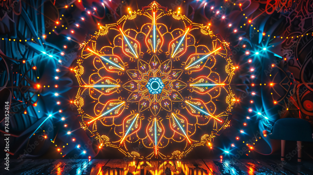 Neon glowing rays converging to form a mesmerizing mandala, symbolizing the beauty of symmetry and balance in the universe.