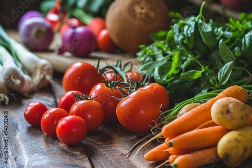 Variedad de vegetales frescos sobre mesa de madera