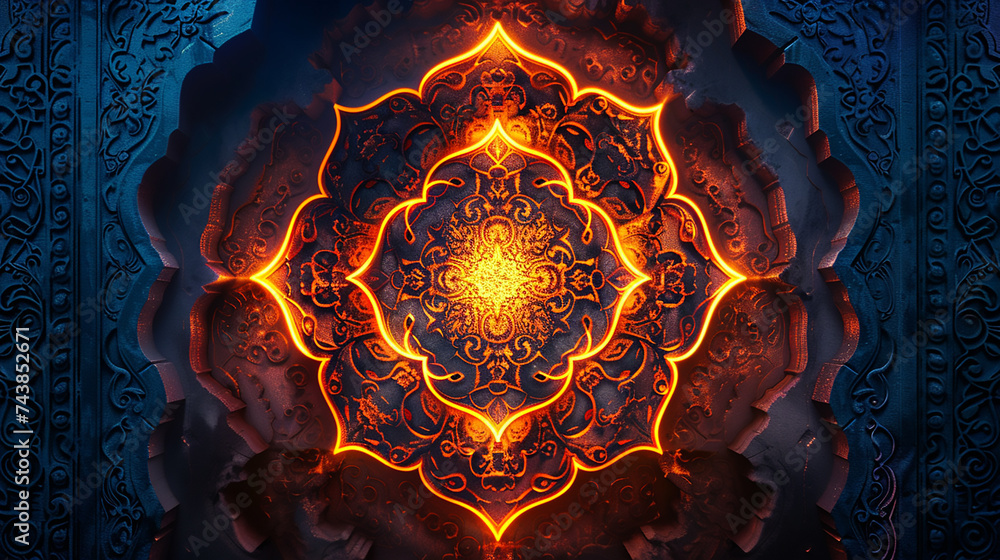 Neon glowing rays forming a complex Arabesque pattern, representing the beauty and complexity of Islamic art.