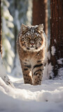 Jungle BobCat walking trekking on a trail through heavy snowfall in the middle of the forest seen from the front  created with Generative AI Technology
