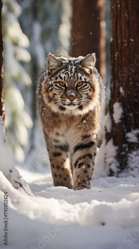Jungle BobCat walking trekking on a trail through heavy snowfall in the middle of the forest seen from the front  created with Generative AI Technology