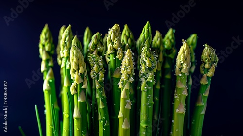 Upright Fresh Asparagus Stalks With Water Droplets Against Dark Background Highlighting Green Color.