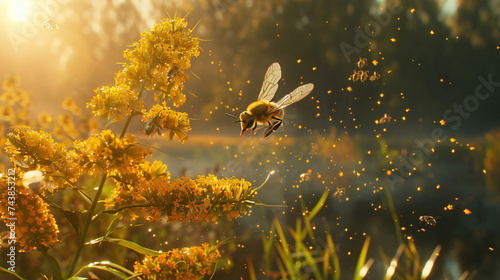 Fototapeta Naklejka Na Ścianę i Meble -  Goldenrod attracting pollinators, using cinematic framing to capture the dynamic and lively scenes of buzzing activity. 