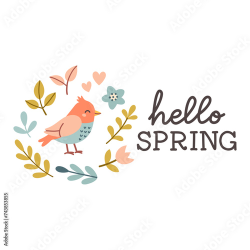 Hello spring quotes. Floral springtime hand drawn prints design. Positive phrases for stickers, postcards or posters