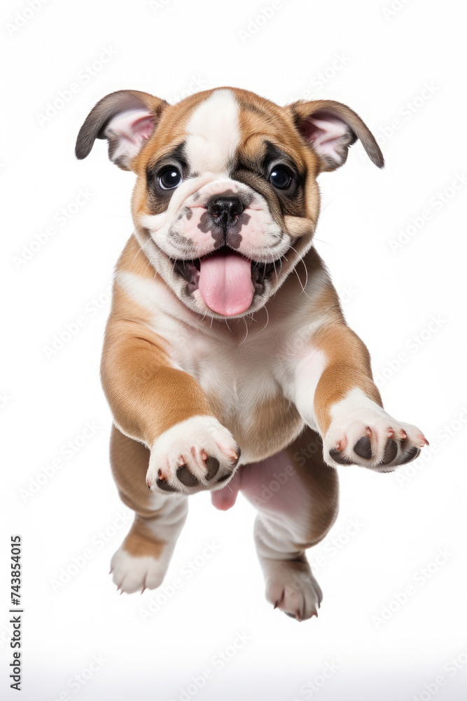 Adorable Bulldog dog puppy jumping pose isolated on white background created with Generative AI Technology