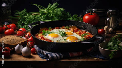 A simple breakfast with sunny side up eggs and chopped tomatoes cooked in a black pan is placed on a wooden table in dramatic dark light colors created with Generative AI Technology