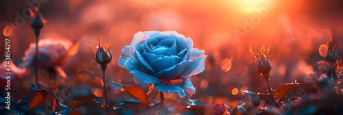 A blue rose with rain drops on it 