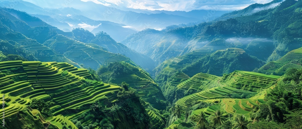 The emerald-green rice terraces of Banaue, Philippines, carved into the mountainsides by generations of Ifugao farmers - obrazy, fototapety, plakaty 