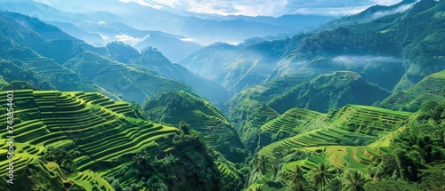 The emerald-green rice terraces of Banaue, Philippines, carved into the mountainsides by generations of Ifugao farmers photo