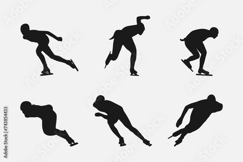 Silhouettes of speed skating. Winter sport, athlete, race, competition concept. Isolated on white background. Vector illustration.