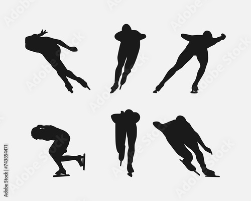 Silhouettes of speed skating. Winter sport, athlete, race, competition concept. Isolated on white background. Vector illustration.