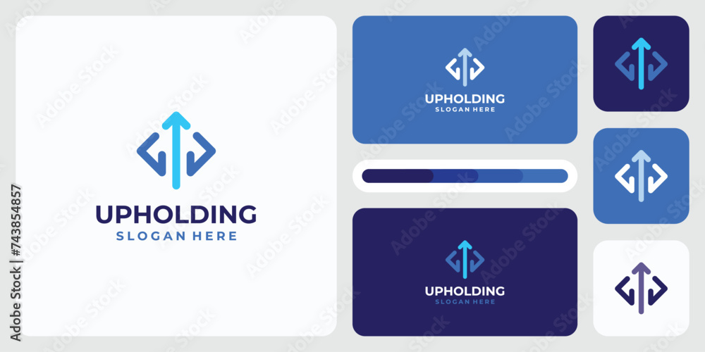 Vector logo design illustration of a hand holding or grasping a growth arrow in a modern and geometric style. Vector logo design illustration of a hand holding or grasping a growth arrow in a modern and geometric style.