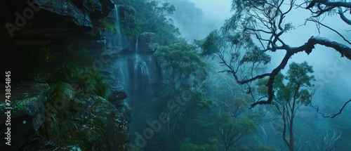The mystical Blue Mountains of Australia, cloaked in mist and legend, revealing hidden waterfalls and ancient aboriginal rock art