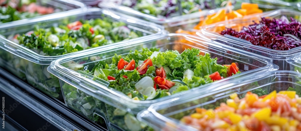 Pre-packaged salads in plastic boxes sold in a fridge for commercial purposes.