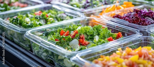 Pre-packaged salads in plastic boxes sold in a fridge for commercial purposes.
