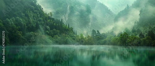 The mystical fog-covered forests of Jiuzhaigou Valley, China, hiding ancient secrets within their emerald depths photo