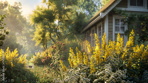 Goldenrod gracing a cottage garden, utilizing cinematic framing to evoke a cozy and charming atmosphere.