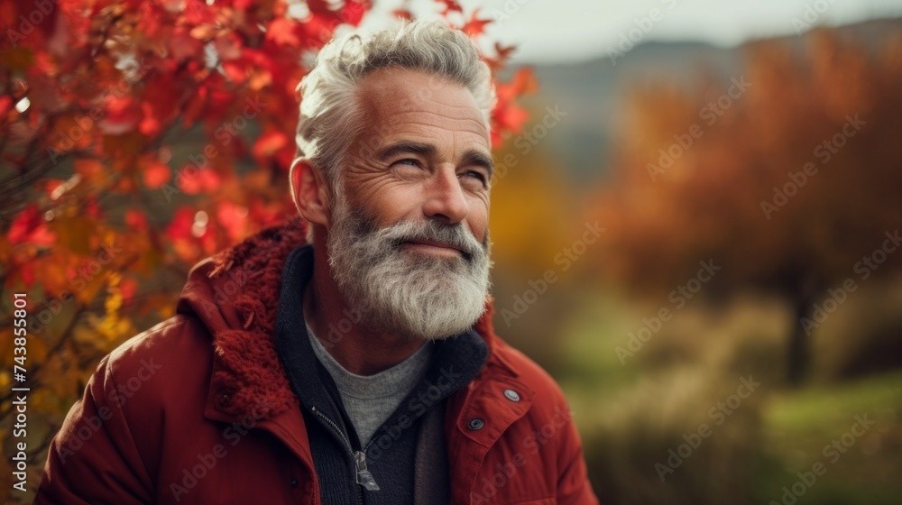 Close-up of a handsome stylish gray-haired senior man wearing a red jacket and looking into the distance against the background of an autumn landscape. Close-up of a handsome stylish gray-haired senior man wearing a red jacket and looking into the distance against the background of an autumn landscape.