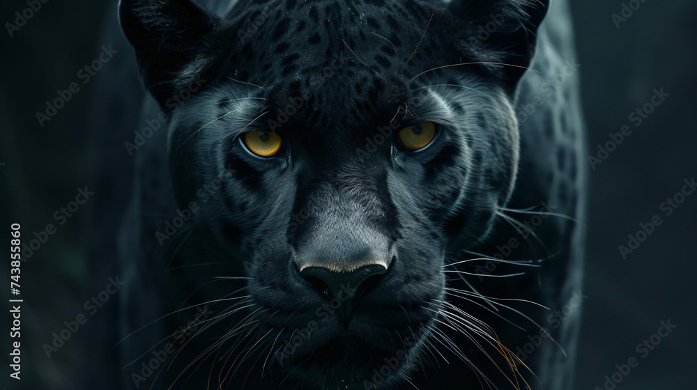 Beautiful Black Panther with Yellow Eyes on a Dark Background.