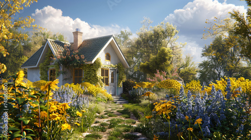 Goldenrod gracing a cottage garden, utilizing cinematic framing to evoke a cozy and charming atmosphere.