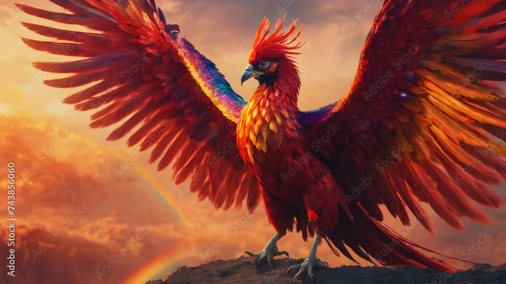 a phoenix with fiery red feathers. Rainbows are surrounding the phoenix - obrazy, fototapety, plakaty 