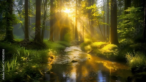 **A tranquil forest glade illuminated by shafts of sunlight filtering through the trees, with a gentle stream babbling in the background © harta hun yar