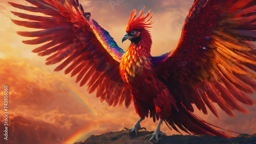 a phoenix with fiery red feathers. Rainbows are surrounding the phoenix © Muhammad