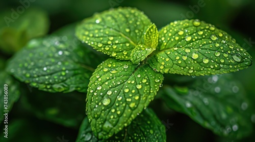 A close-up of a green clover leaf with sparkling dewdrops, capturing the freshness of nature