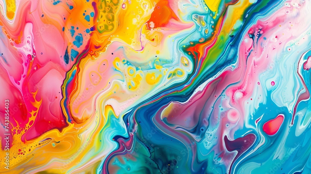 Macro perspective of vibrant abstract art, focusing on the collision of colors and forms created by experimental painting methods.