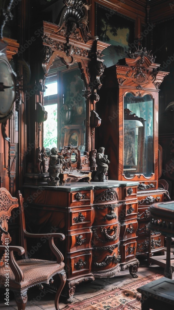 Displaying classical craftsmanship at its finest, an exquisitely carved antique wooden cabinet with intricate designs graces the elegant interior, serving as a stunning focal point of timeless beauty 