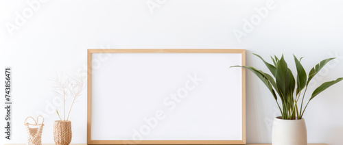 Interior design of living room with brown mock up photo frame on the white wood wall. Template. Place for text, copy space, mockup