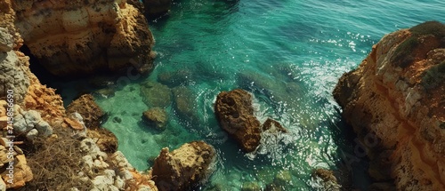 The rugged coastline and hidden coves of the Algarve, Portugal, where cliffs meet the shimmering Atlantic Ocean