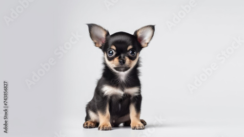 Adorable little black Chihuahua dog sitting pose isolated on white background created with Generative AI Technology