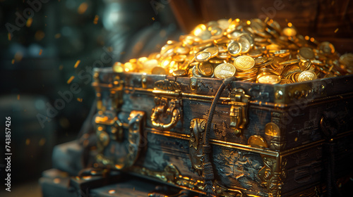 Antique Wooden Treasure Chest Brimming With Gold Coins in Mysterious Dimly Lit Room