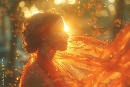 A radiant woman with an amber scarf in her hair stands in the warm backlighting of the setting sun, her face aglow with a soft orange flare of light photo