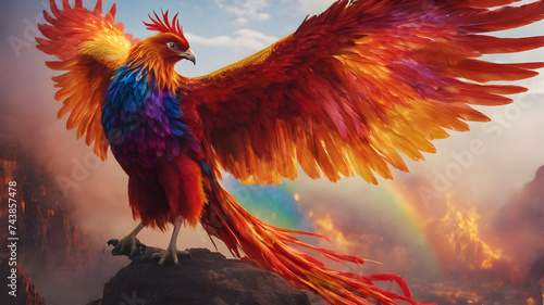 a phoenix with fiery red feathers. Rainbows are surrounding the phoenix