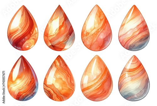 Teardrop-shaped fire opal rhinestone watercolor illustration material set