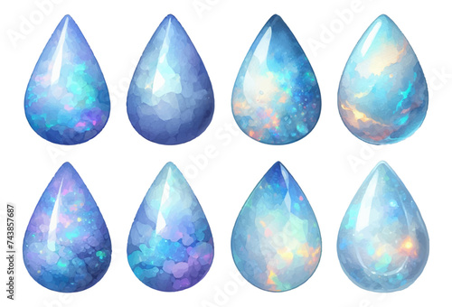 Teardrop-shaped blue opal rhinestone watercolor illustration material set