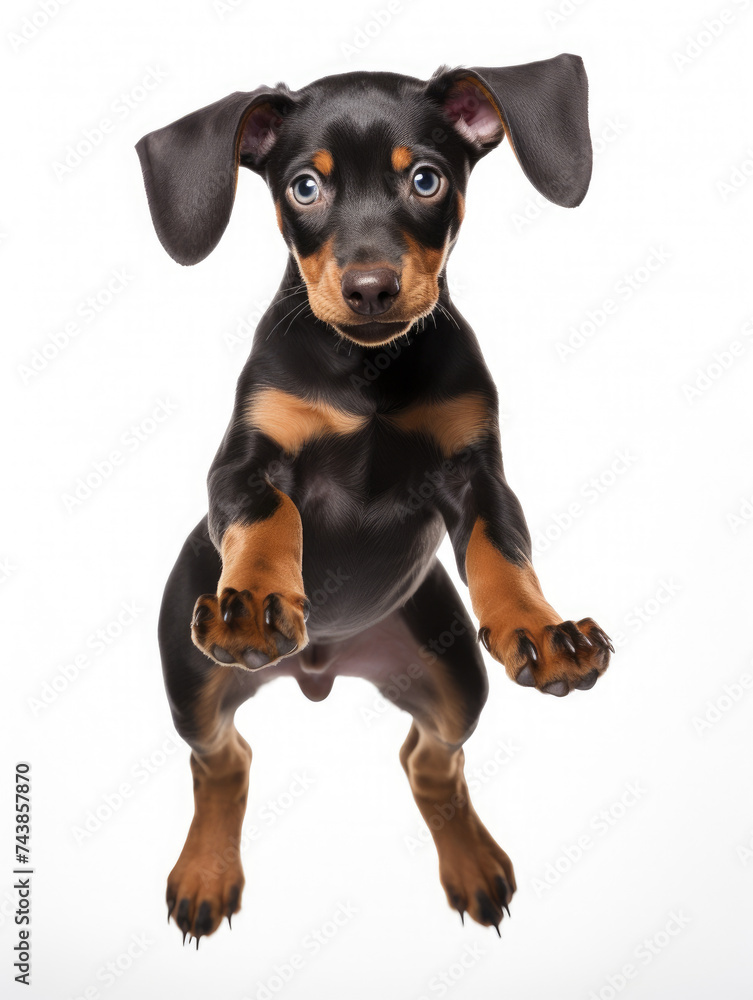 Adorable Dobermann Pinscher dog puppy jumping pose isolated on white background created with Generative AI Technology