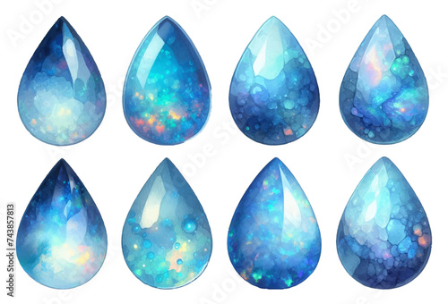 Teardrop-shaped blue opal rhinestone watercolor illustration material set